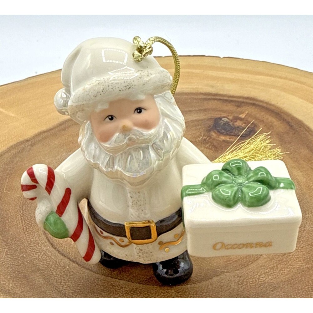 Lenox Porcelain White & Gold Santa Ornament W/Package & Candy Cane 3"